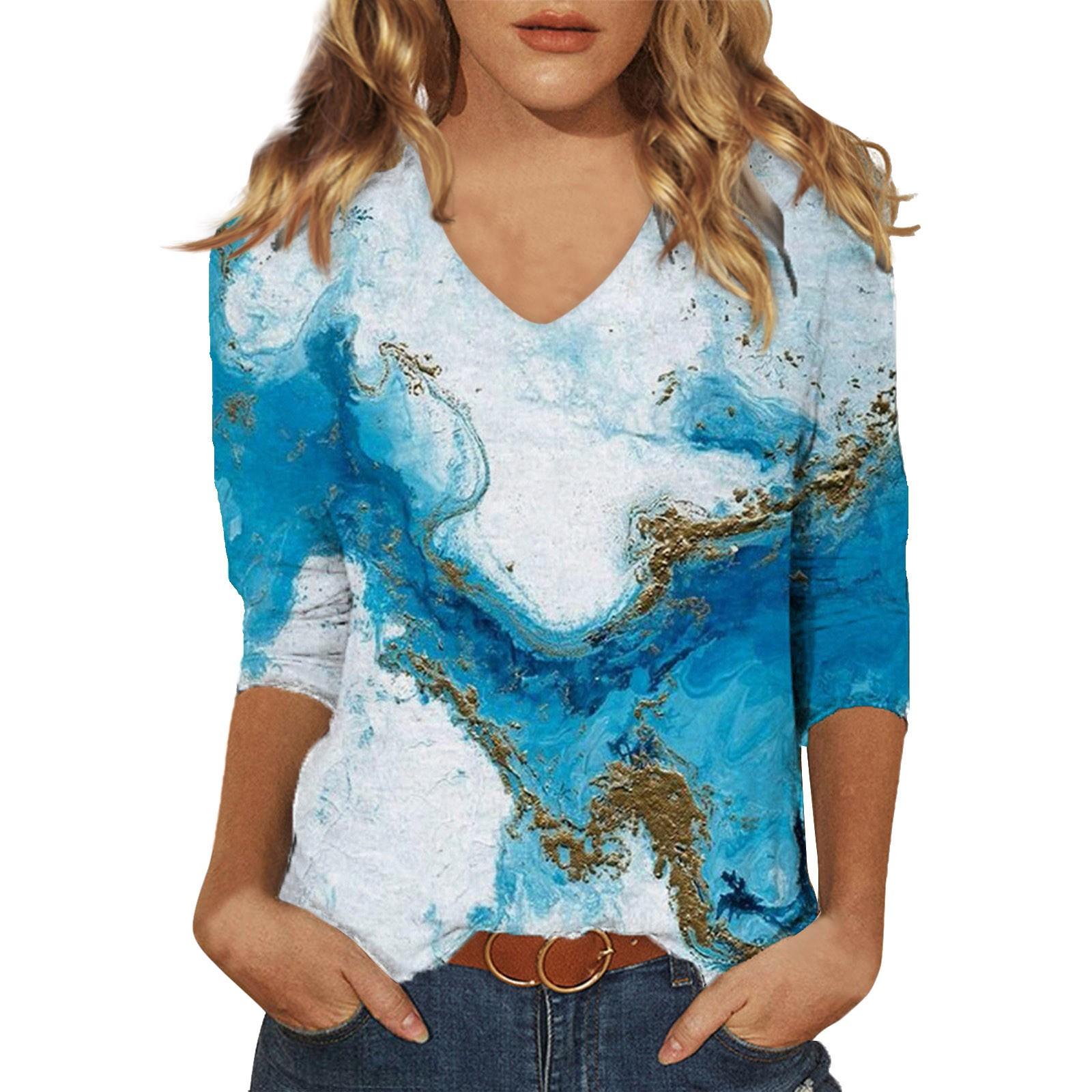 

Женская мода на каждый день Повседневная футболка с v-образным вырезом и семиточечным рукавом с принтом Топ L винный