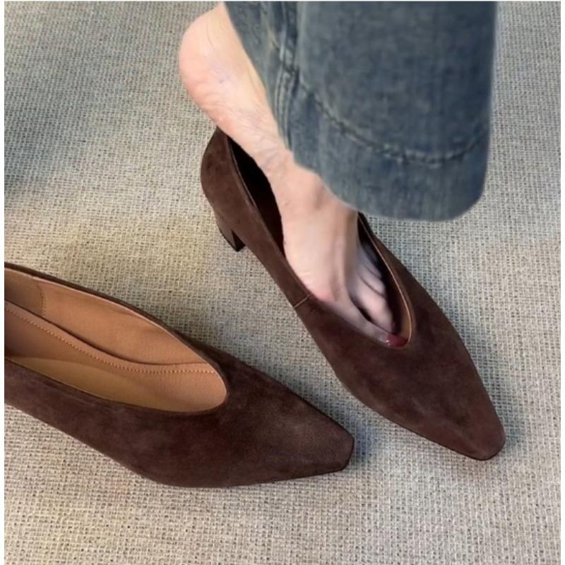 New Style Women's Autumn Frosted Leather Women's High Heels Shallow Mouth Square Toe Retro Thick Toe Grandma Shoes