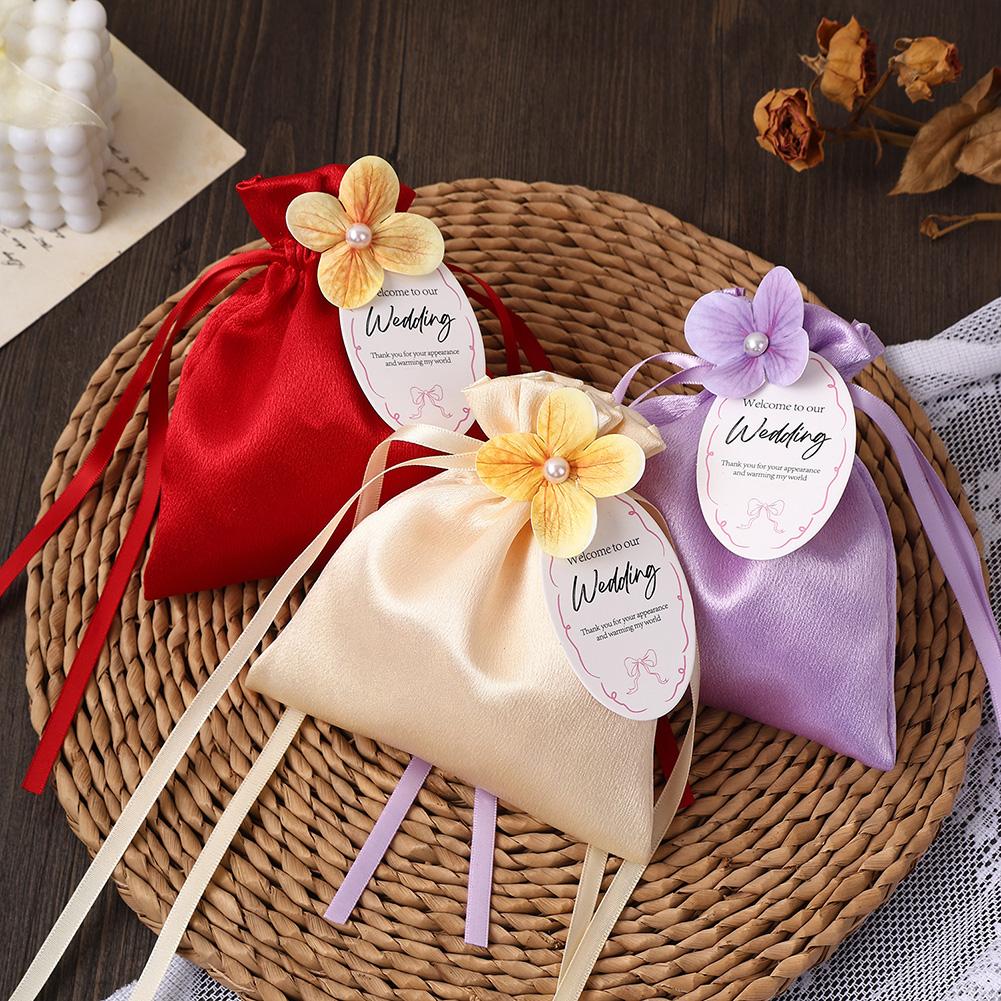 5pcs Exquisite Gift Bags,Solid-Color Satins Drawstring Bag,Flower Bridesmaid Present Candies Bag,Wedding Candies Box For Wedding