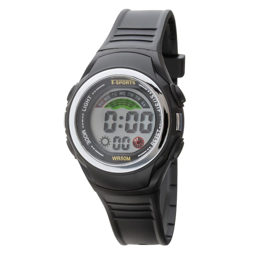 CREPHA Digital Water Resistant Large Urethane Sports Watch T-SPORTS Watch, Multifunctional, (5 ATM), Stopwatch, Screen, Strap, Black, Men's TS-D158-BK