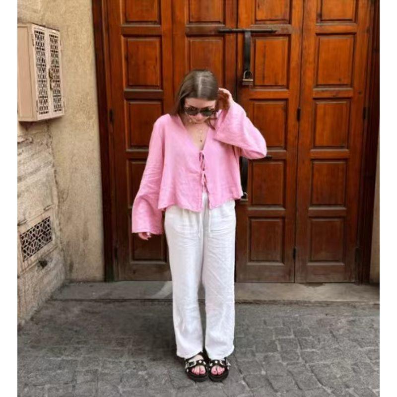 

Western Style New Women clothes Sexy Deep V-neck Bell Sleeve Bandage Top Flare Sleeve Strap Top Pink S