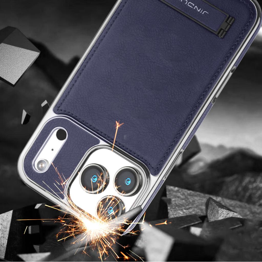 Electroplated Leather Phone Case For iPhone 17 Pro Max 17Air 16 15 Plus 14 Pro 13 12 11 Invisible Bracket Lens Protective Cover