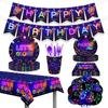 Glow In the Dark Party Supplies Neon Blacklight Tableware Set Happy Birthday Banner Balloons Neon Glow Party Retro Disco Decor