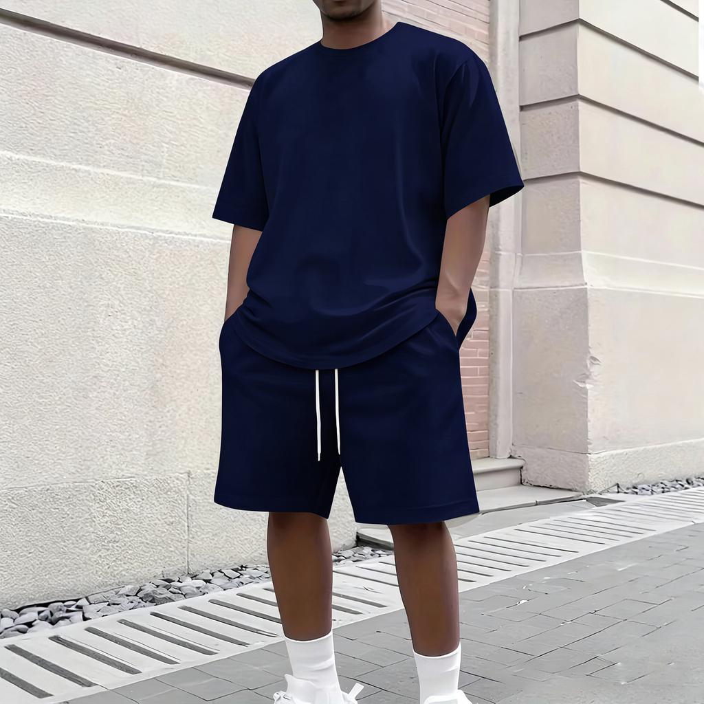 Men's Summer Casual 2-Piece Outfit Round Men's Neck Short Sleeve Tee Shorts Set