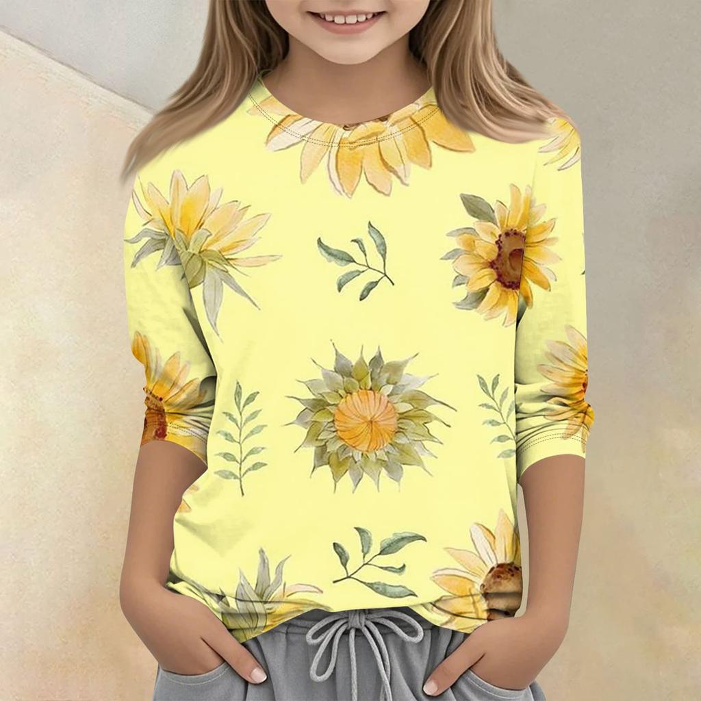 Children's Printed Round Neck Seven Quarter Sleeve Casual T-shirt