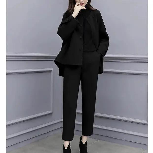 Women's Autumn Winter Woolen Two Piece Set Coat Cucumber Pants Casual Fashionable