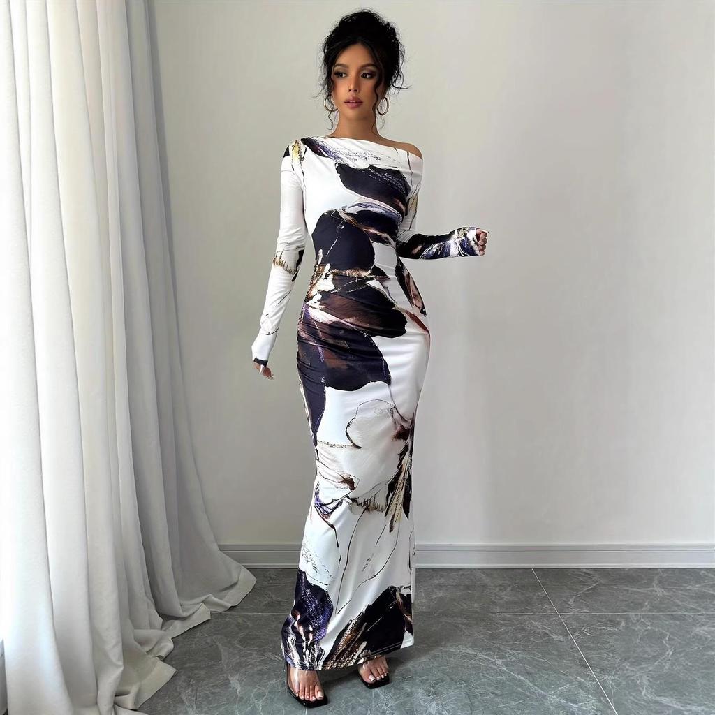 2026 One-Shoulder White Floral Slim-Fit Maxi Dress for Women