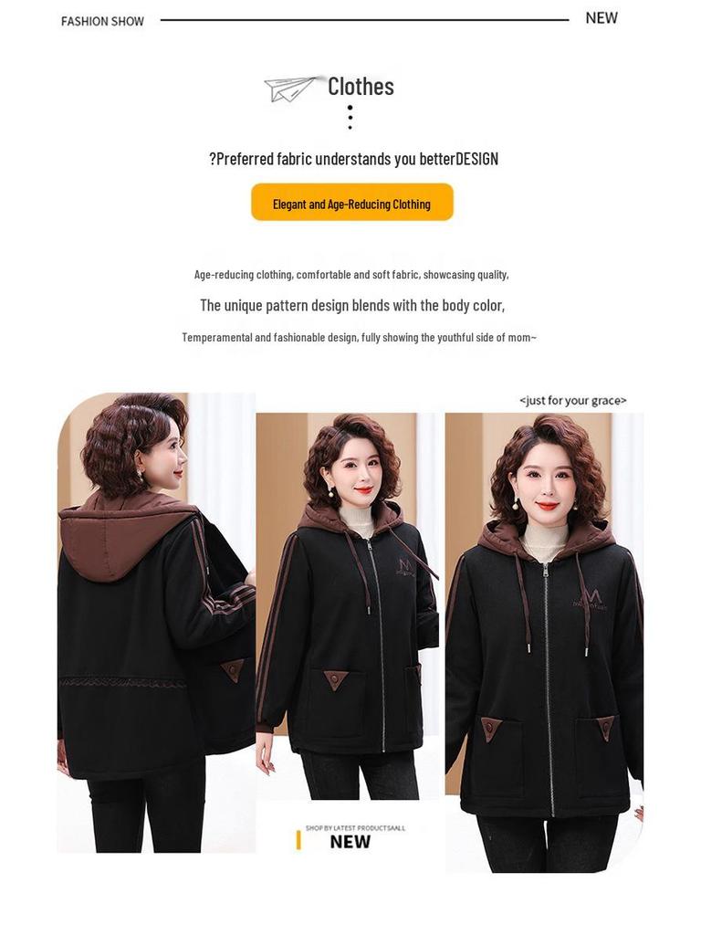 Plus Size Hooded Velvet Coat for Middle-Aged Women - Fashionable Cotton-Padded Jacket