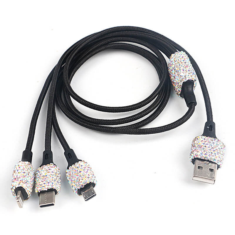 Carregador de carro USB Bling 5V/2.1A Decoração de cristal Adaptador rápido de porta dupla, 3,9 pés Nylon Tipo C Micro USB 3 em 1 Cabo de carregamento múltiplo