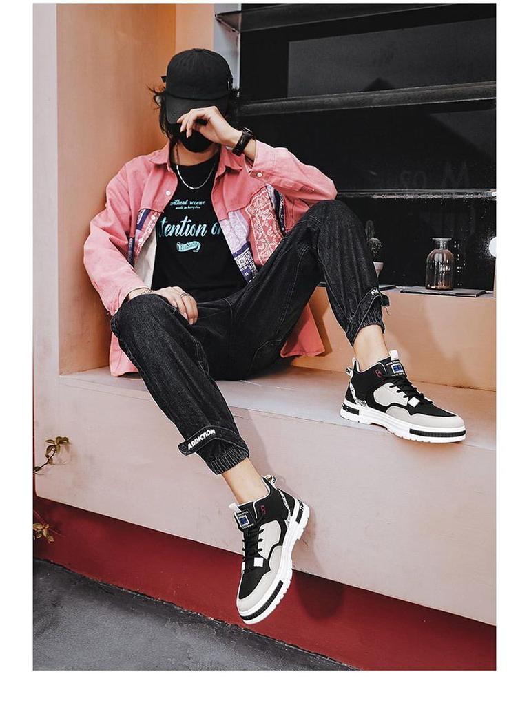 Men's Trendy Spring High-Top Breathable White Skate Shoes with Thick Soles