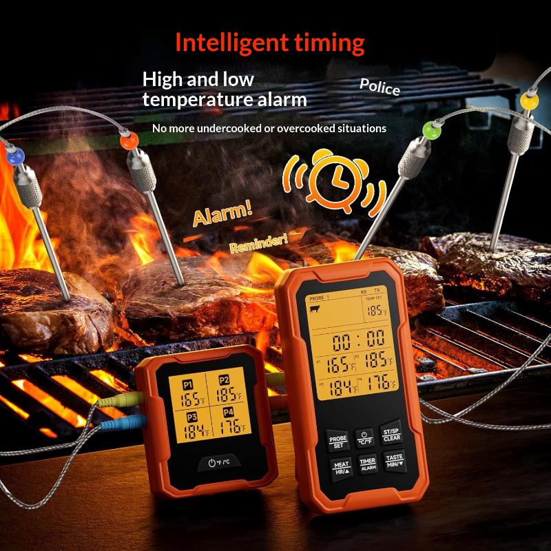 Draadloze Vleesthermometer Afstandsbediende Vleesthermometer Met 4 Sondes Snel En Nauwkeurig Direct Afleesbaar Vooringestelde Temperaturen En Slimme Waarschuwingen