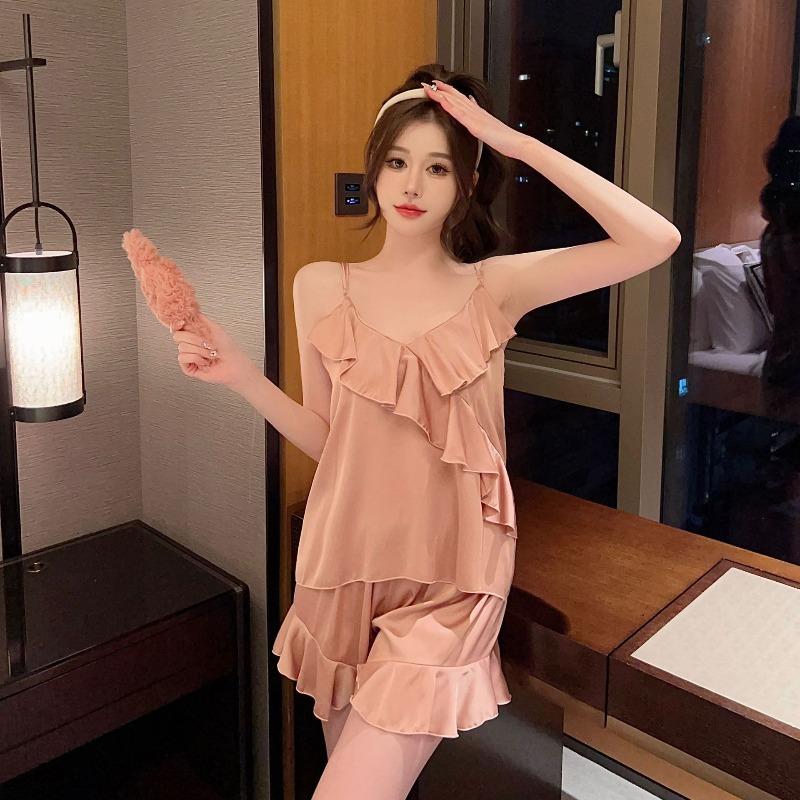 Sexy pajamas women's ice silk summer suspender shorts two-piece set with chest pad pure desire style new loungewear available