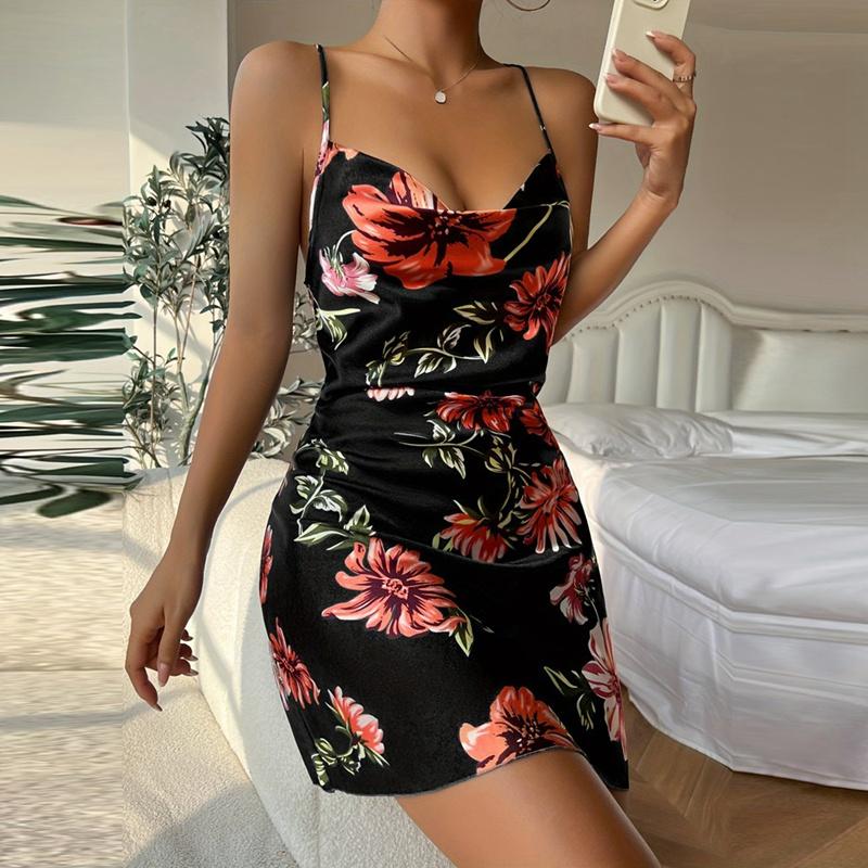 Women's Flora Print Silk Slip Dress Backless Sleeveless Dress