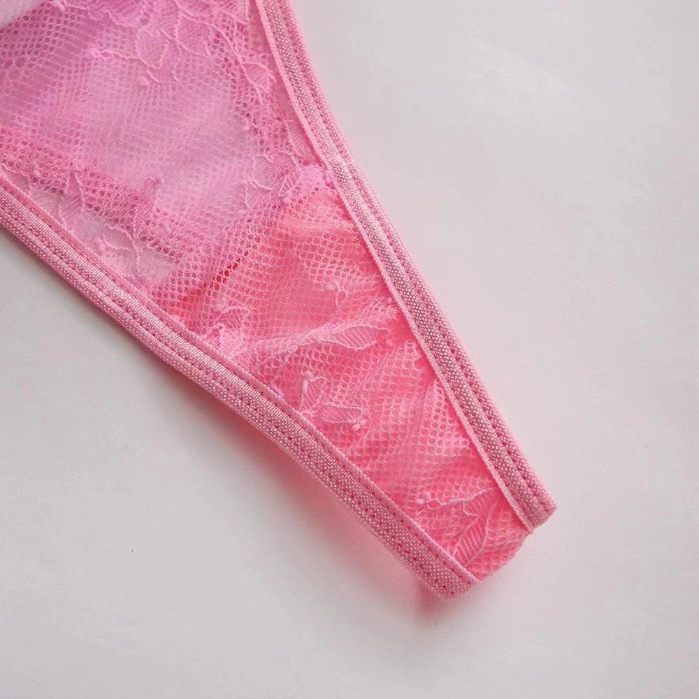 Pink Lace Embroidery Backless Stocking 3-Piece Set for Women