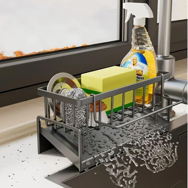 Kitchen Sink Organizer Sponge Holder Dish Cloth Drying Rack with Slanted Drain Tray for Countertop Storage