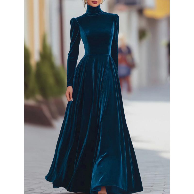 Elegantes Herbst/Winter Damen Gold Samt Hoher Kragen Ballonärmel Taillenbetonendes Langes Kleid