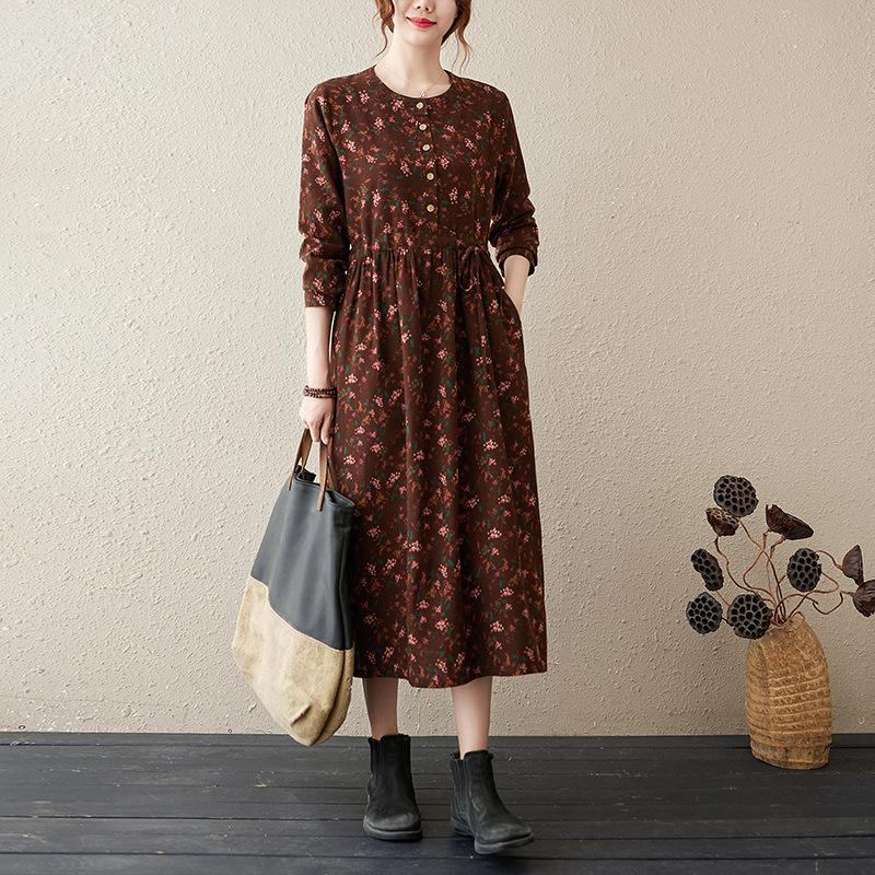 Women's Fall Waisted Cotton and Linen Dress Floral Long-sleeved Thin Long Skirt