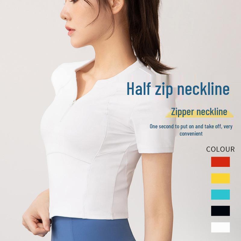 Women's Quick-Dry Half-Zip Fitness Top - Short Sleeve Tight Yoga Tee