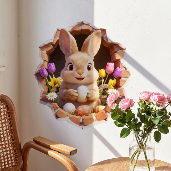 Osterwandaufkleber Lustiger Hase Rissiges Abziehbarer und Aufklebbarer Aufkleber 3D Loch Design Cartoon Selbstklebende Wandaufkleber für Kinderzimmer Spielzimmer
