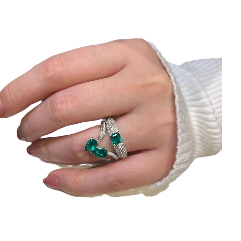 Imitation Emerald Ring, Female Luxury Full Of Diamonds, High Sense, Cold Wind Temperament, Water Drop Square Zircon Ring