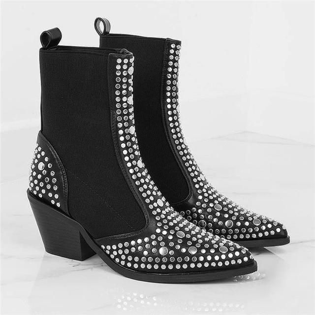 Square Heels Classic Fashion Rivets Elastic Ankle Boots Shoes Women Chelsea Boots