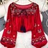 Embroidery Flower Spring Women Blouse Vintage Ethnic Lantern Long Sleeved Oneck Loose Cotton Linen Shirt Casual Top D5082