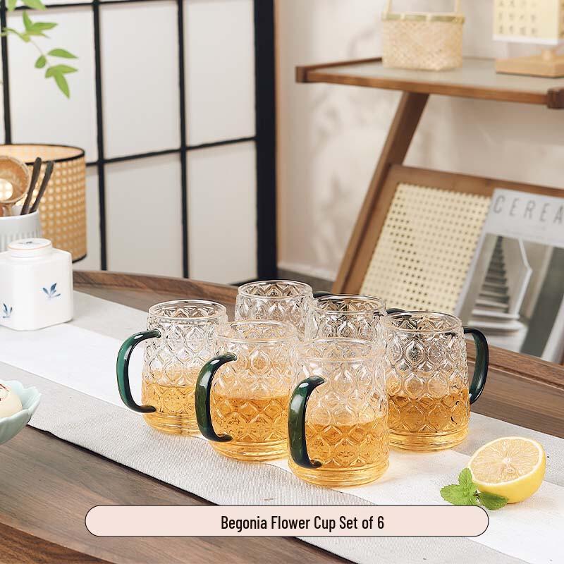 Retro Begonia Flower Glass Cup Set with Handles