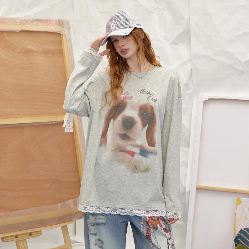 UNIFREE Cute Animal Print Lace Trim T-Shirt