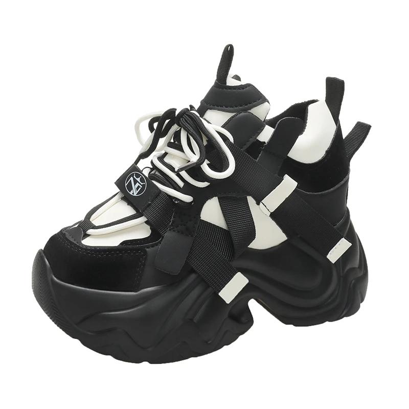 

9,5 см осенне-зимние массивные кроссовки женские на шнуровке на платформе спортивная обувь для девушек гот толстые высокие каблуки женские кроссовки на танкетке 34 чёрный