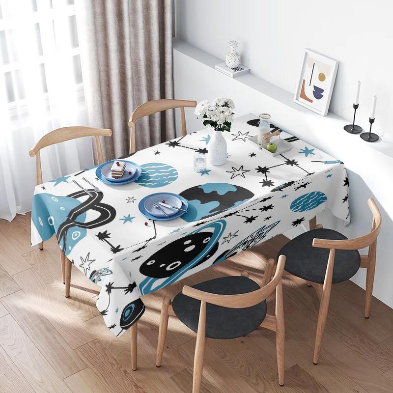 Modern Space Pattern Dining Tablecloth Blue Black Colorful Design for Home Decoration