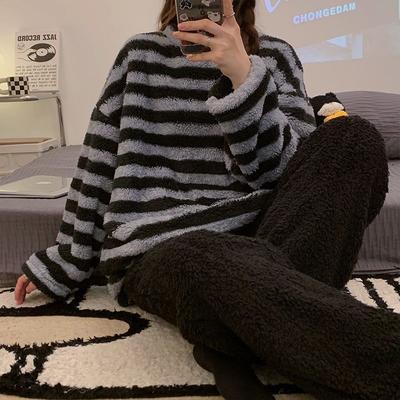 Pajamas Women's Autumn and Winter Thickened Flannel Cartoon Cute Coral Fleece Can Keep Warm Outside and Wear Home Service Suits