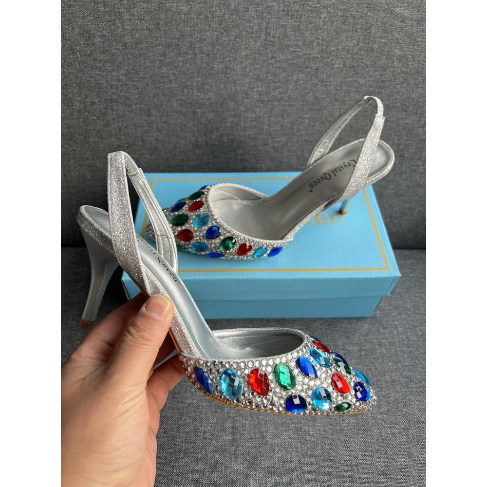 7cm Shallow Tipped Sandals Colored Rhinestone Slim Heel Sandals Large Size Wedding Shoes Bride Wedding Banquet Full Diamond Shoes
