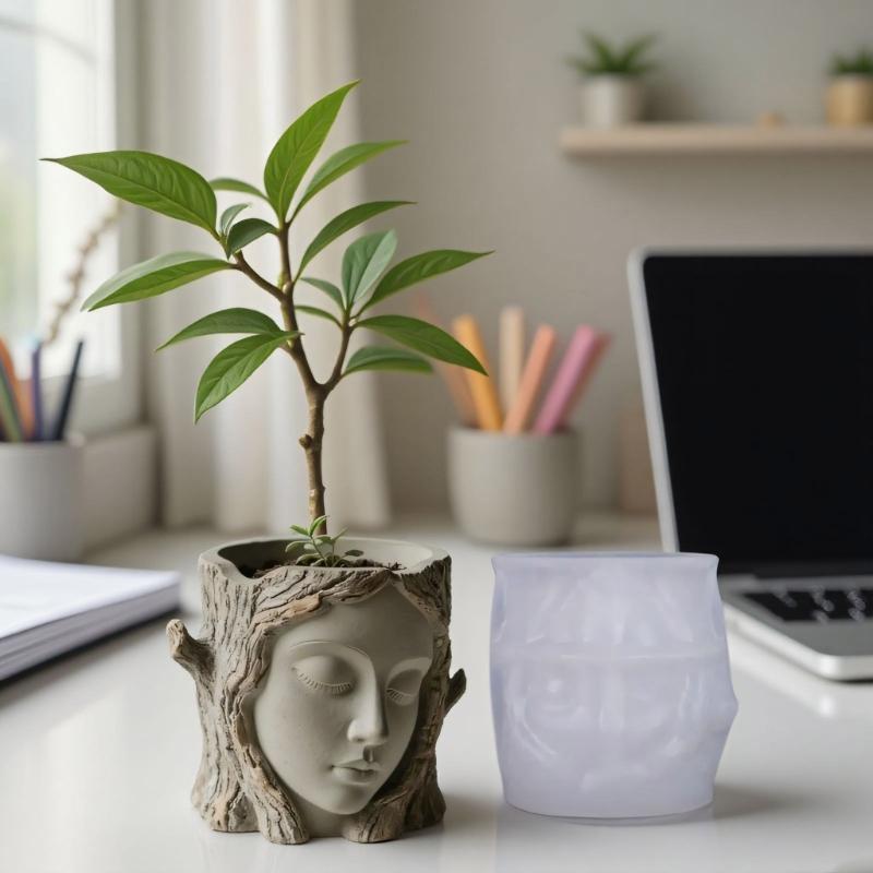 Silicone Tree Shadow Face Planter Mold With Easy Release For Handmade Resin Crafts Decorative Pots Candle Containers