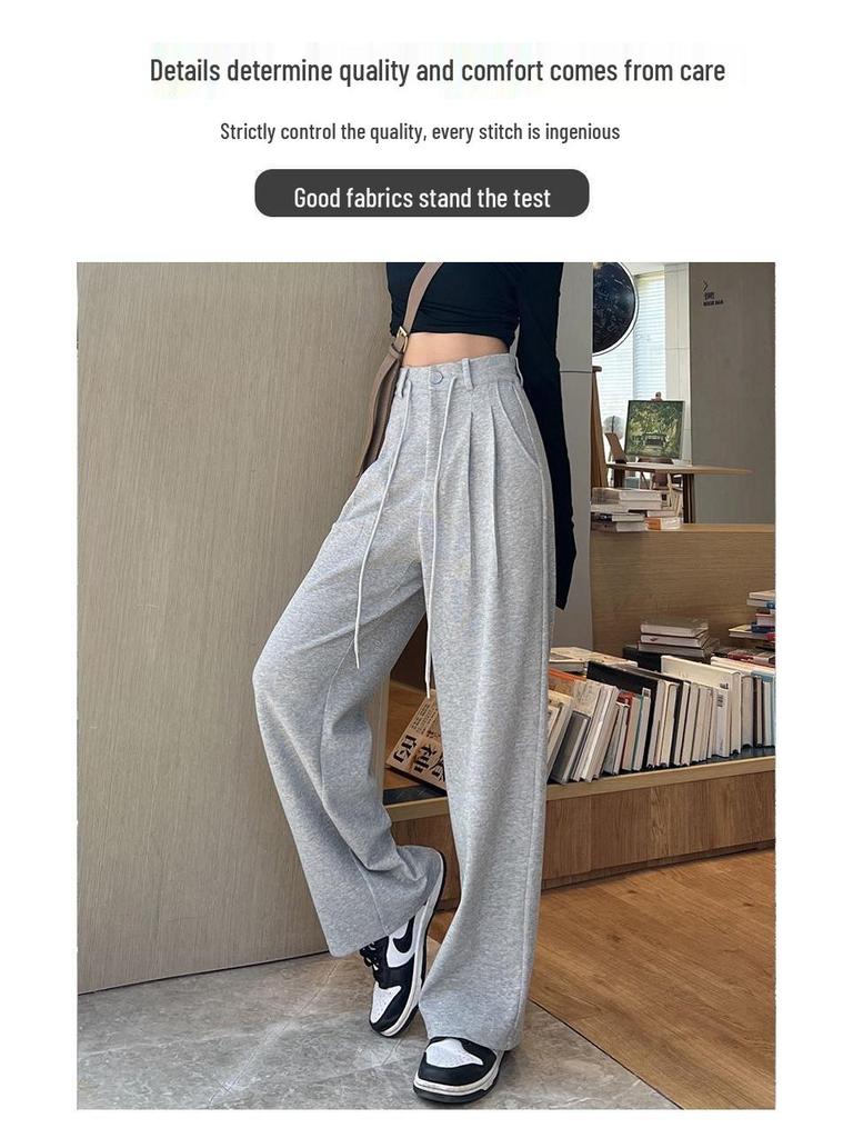 Women's High-Waist Gray Sweatpants - Summer Wide-Leg Floor-Length, Casual Loose American Style with Drawstring.