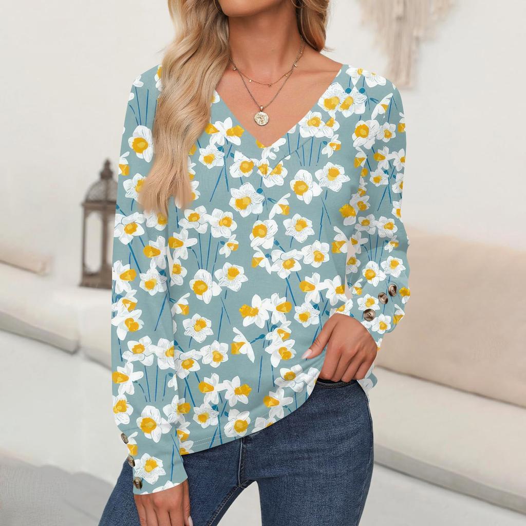 Damen Tops Blumendruck Langarmshirt V-Ausschnitt Casual Loose Tee Herbstkleidung