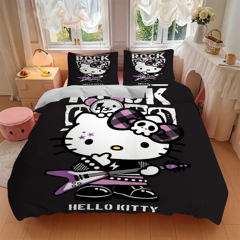 3pcs Cool Rock Hello Kitty Pattern Bedding Three-Piece Set (1 Cover + 2 Pillowcases, No Fillings), Soft and Comfortable W021