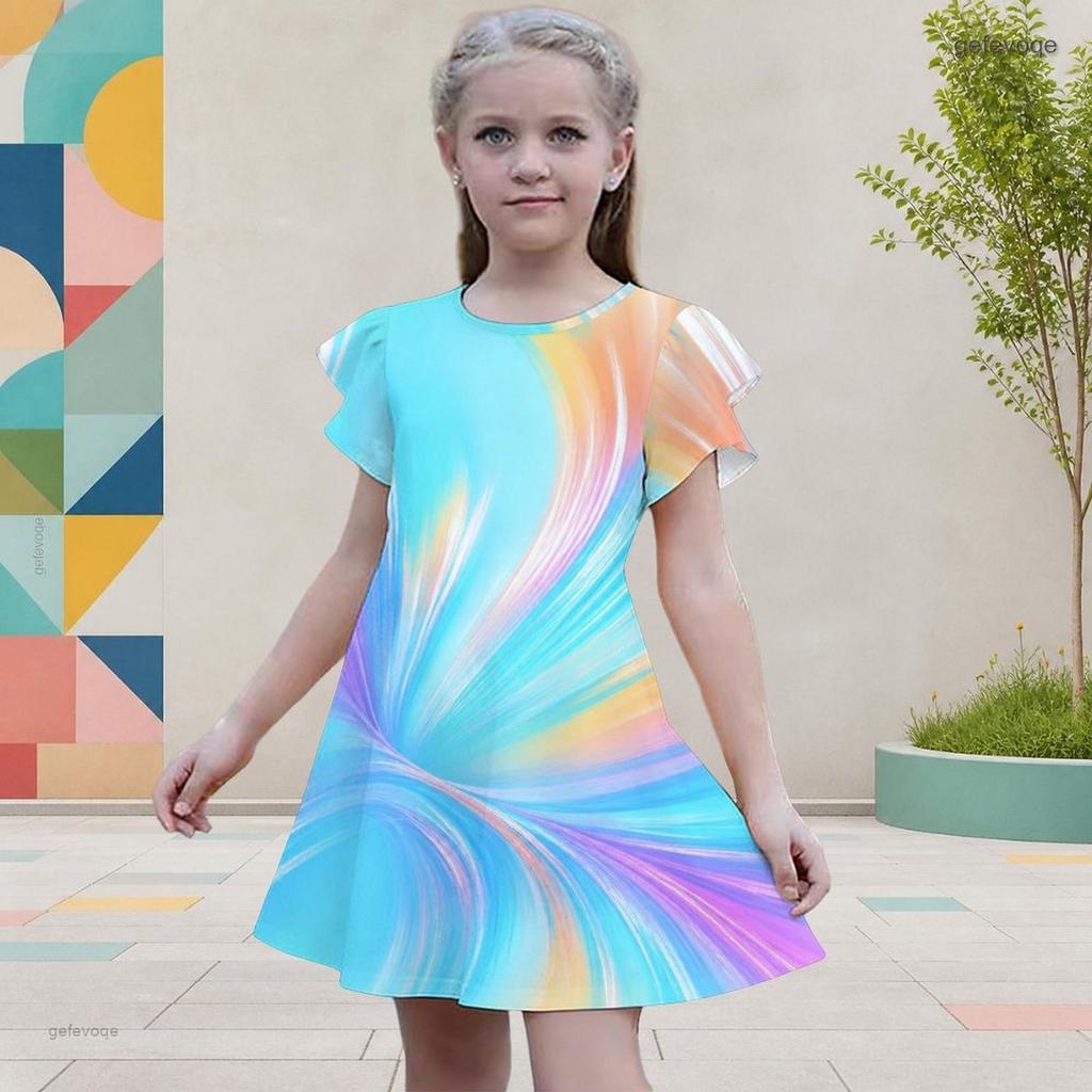 Girls Round Neck Flutter Sleeve Colorful Gradient Printed A Line Flared Dress