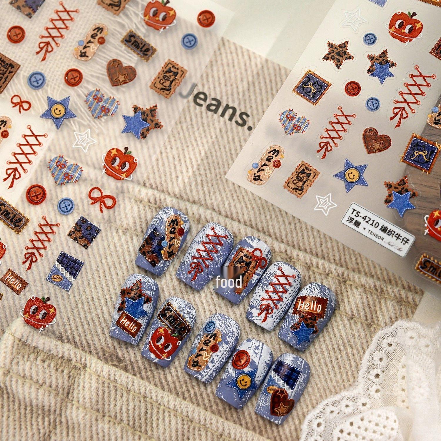 3D Woven Denim Leopard Print & Stars Embossed Nail Art Stickers with Cartoon Apple & Button Designs YF223 Embossed Version