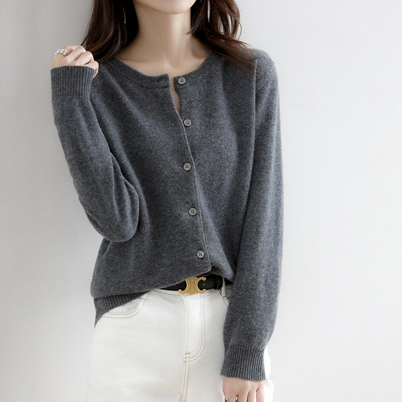 2023 Autumn/Winter Women's Korean-Style Camel Cardigan, Round Neck, Single-Breasted Knit Sweater.