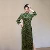 Green golden velvet new Chinese long-sleeved autumn cheongsam seven-quarter-sleeved improved young women's high-end sense spring and autumn