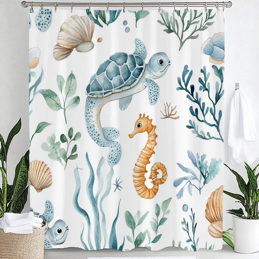 1pc Sea Turtle Print Waterproof Shower Curtain,Beach Coastal Ocean Turtle Starfish Partition Privacy Hanging Curtain with Hooks