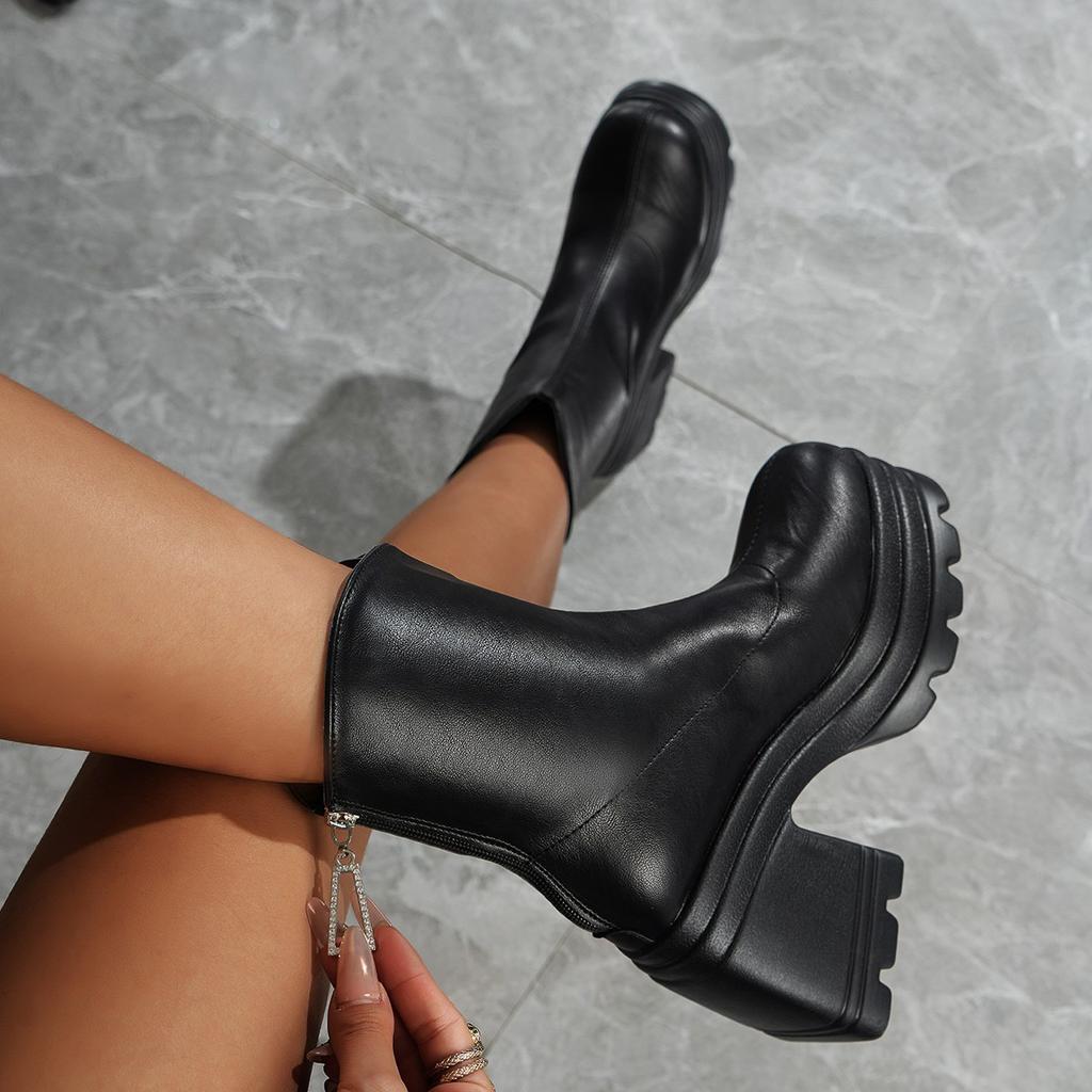 Fashion Women New Fashion Short Boots Women Sexy Leather Boot Square Toe Casual Zipper High Heels Casual Thick Soled Women Botines Shoes