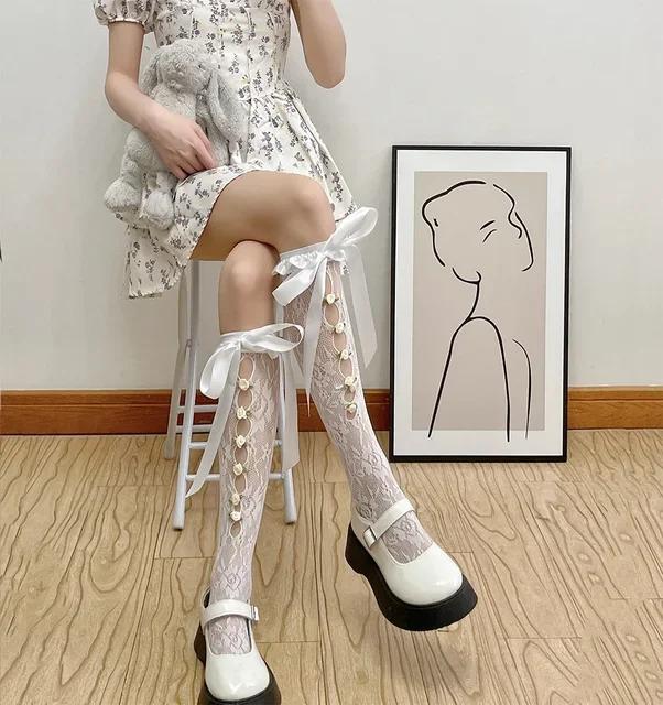 Women Sexy Lace Mesh White Black Fishnet Knee High Long Socks Lingerie Cute Gothic Style Ruffles Hollow Bow JK Lolita Stockings