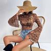 Ins Herbst Damen Netzprint Rundhals Glockenärmel Langarm T-Shirt Mode Täglich Basic Büro Dame Lässig Slim Fit Damen Elegantes Oberteil
