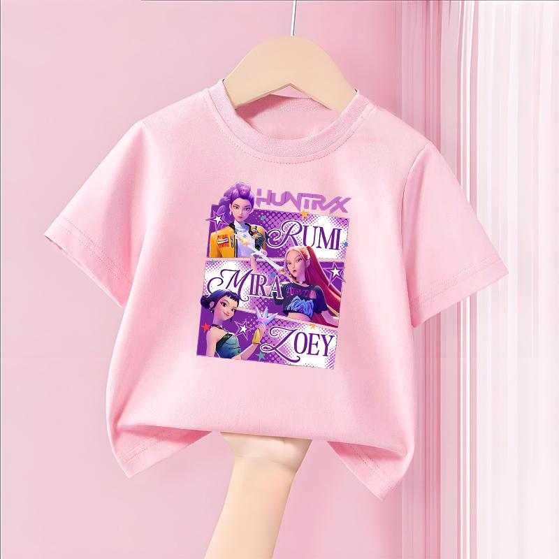 Demone Hunter Girl Purple Pink T-shirt Cute Anime Cotton T Shirt Y2K Kawaii Kids Streetwear Harajuku Short Sleeve Summer Clothes