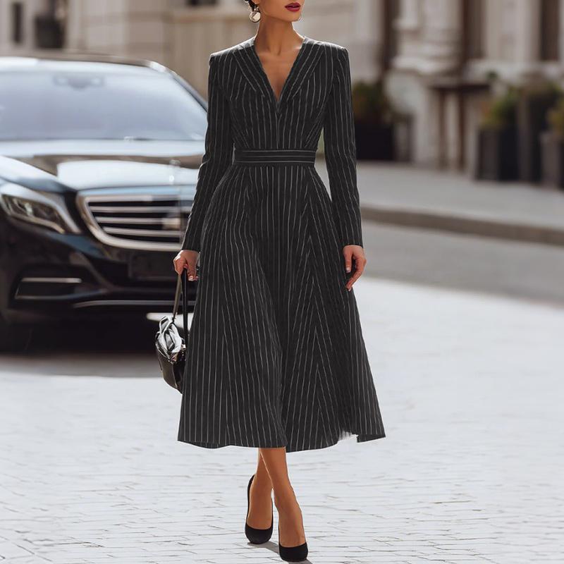 ZANZEA Women Elegant Casual V-neck Long Sleeve Stripe Dress 2XL чёрный