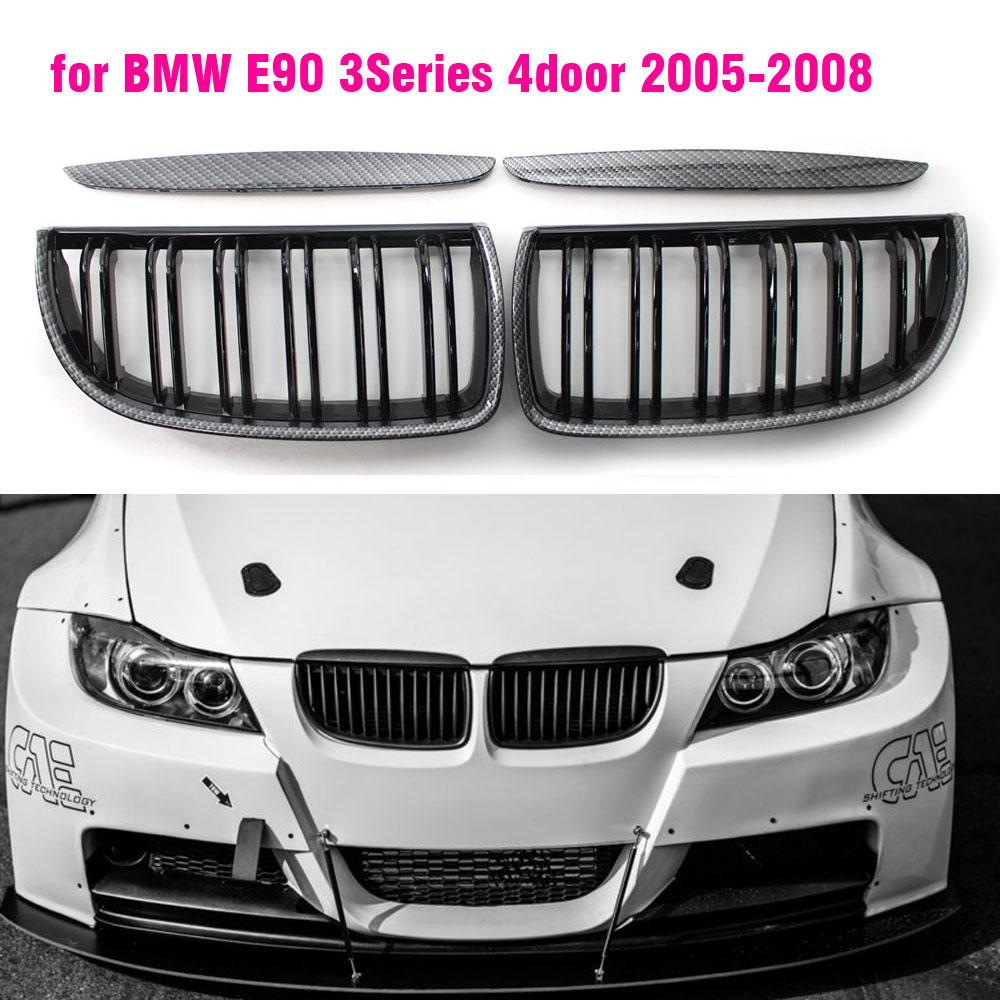 Carbon Fiber Front Hood Kidney Grille Compatible For BMW E90 323i 325xi 330i 328i 328xi 335i 335xi Pre-Facelift Glossy Black