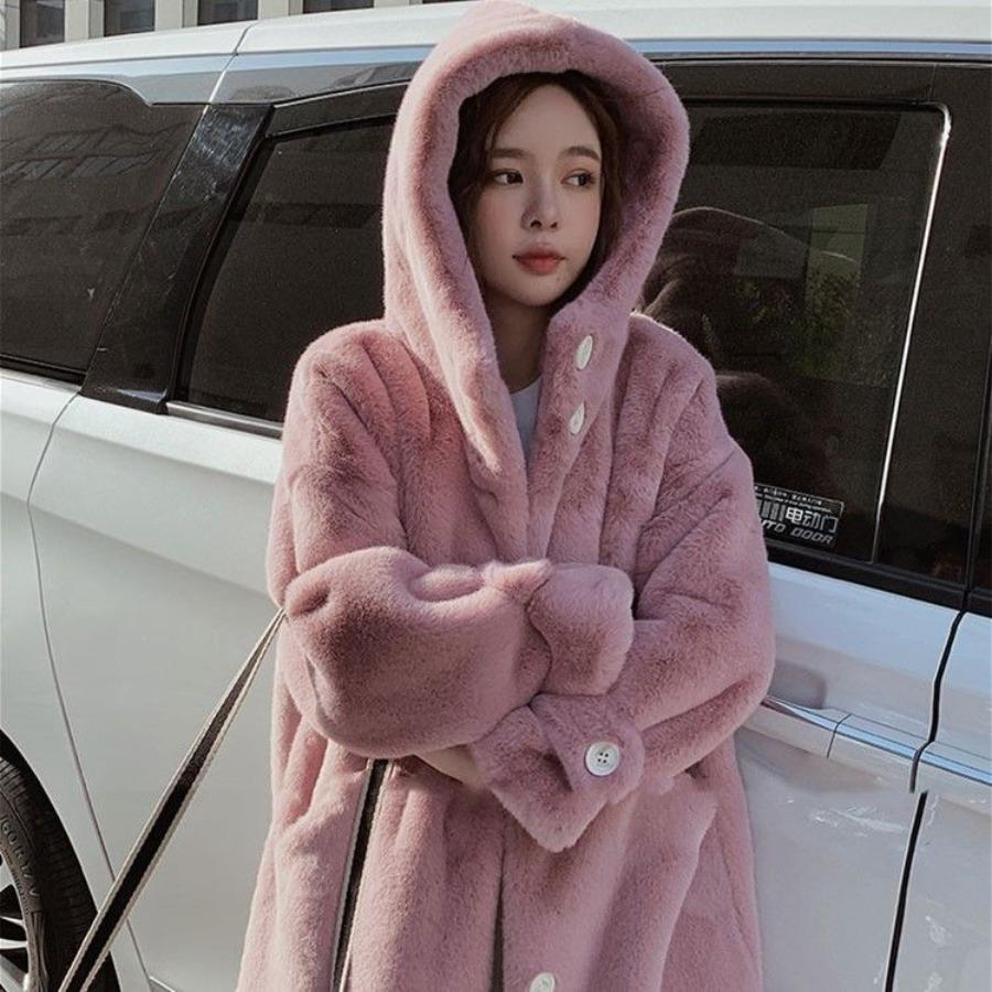 Hooded Thickened Imitation New Winter Coat Women Fashion Medium Long Clothes Korean Version