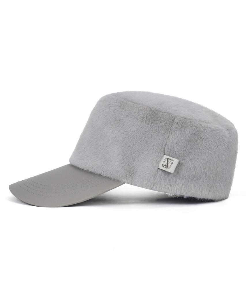 Bajal Va Square Fly Label Fur Bellboy Cap Grey