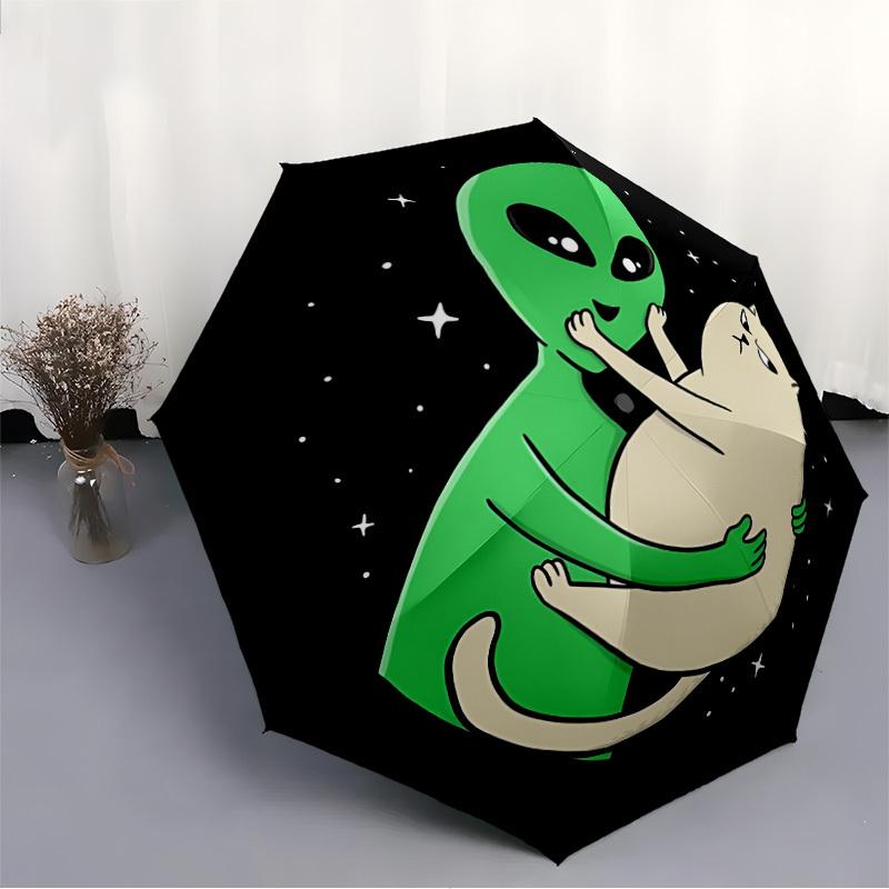 1pc Alien Cat UFO Automatic Folding Umbrella with 8 Bones, 3-Fold Compact Umbrella, Compact Design On-the-Go Essential, casual outdoor acces